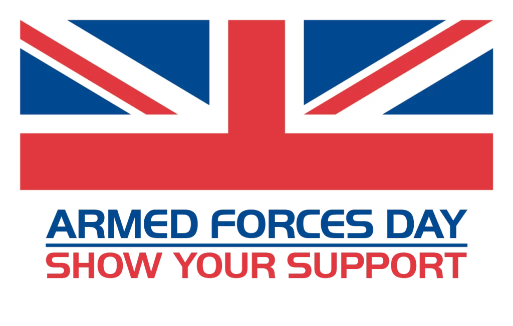 AFD_Flag22_Strapline-1-1024×652 A graphic featuring the Union Jack flag with the text "ARMED FORCES DAY" in bold blue letters and "SHOW YOUR SUPPORT" in bold red letters below.