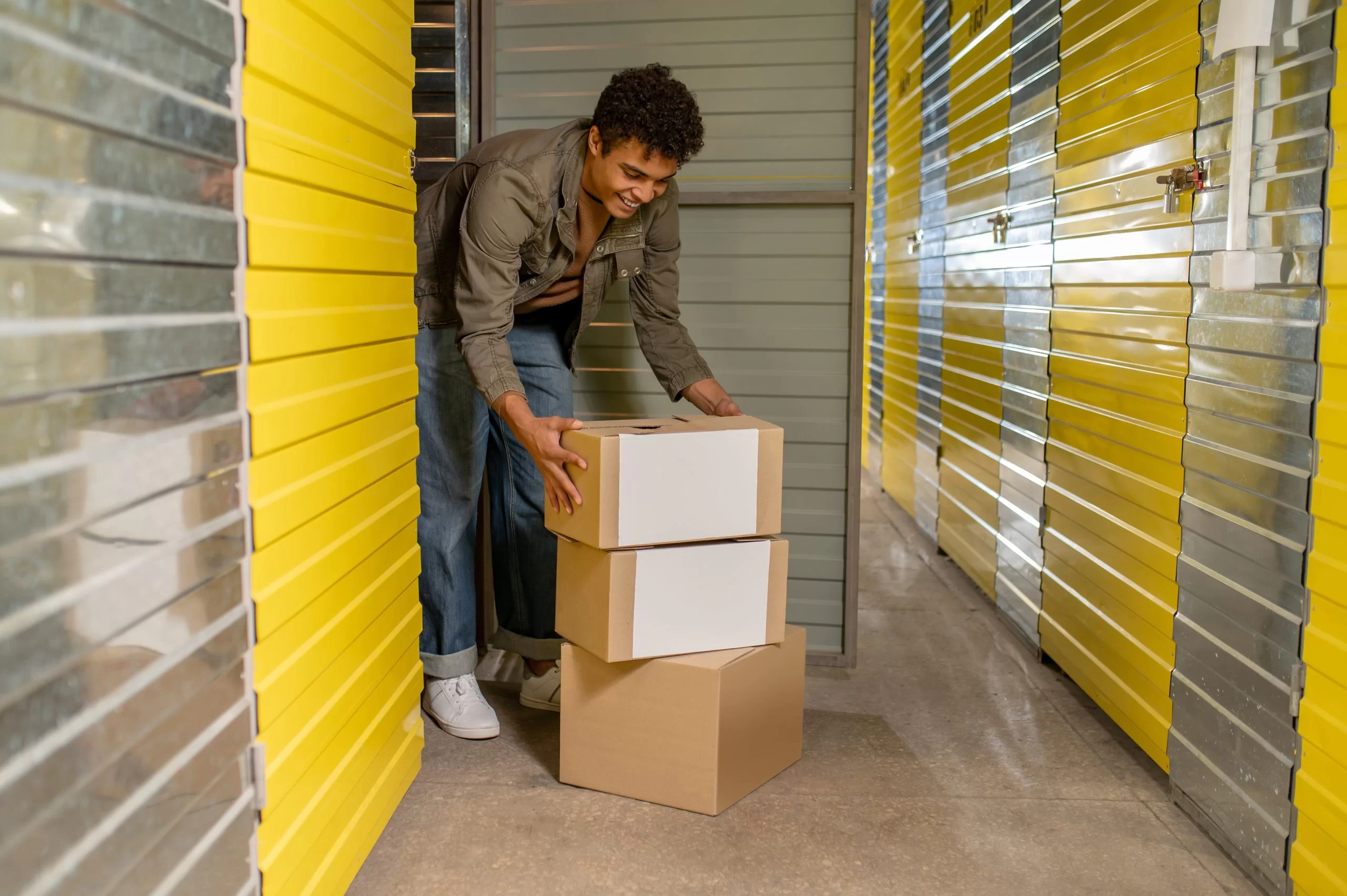 young dark haired man with boxes in stock house storage
